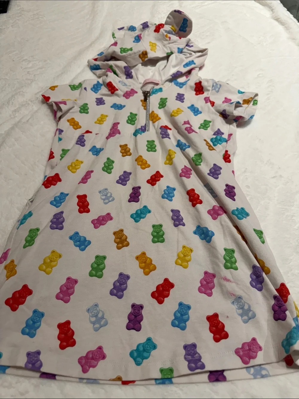 White Kids Hooded Pajama Nightgown with Multicolor Gummy Bear Print